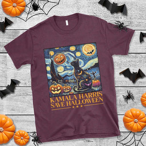 Harris Halloween T Shirt Kamala Harris Save Halloween Starry Night Van Gogh Black Cat Pumpkin Bat TS11 Maroon Print Your Wear