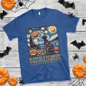 Harris Halloween T Shirt Kamala Harris Save Halloween Starry Night Van Gogh Black Cat Pumpkin Bat TS11 Royal Blue Print Your Wear