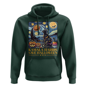 Harris Halloween Hoodie Kamala Harris Save Halloween Starry Night Van Gogh Black Cat Pumpkin Bat TS11 Dark Forest Green Print Your Wear