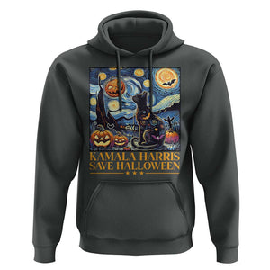 Harris Halloween Hoodie Kamala Harris Save Halloween Starry Night Van Gogh Black Cat Pumpkin Bat TS11 Dark Heather Print Your Wear