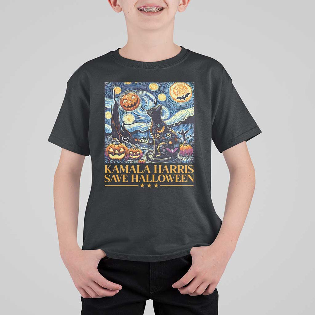 Harris Halloween T Shirt For Kid Kamala Harris Save Halloween Starry Night Van Gogh Black Cat Pumpkin Bat TS11 Black Print Your Wear