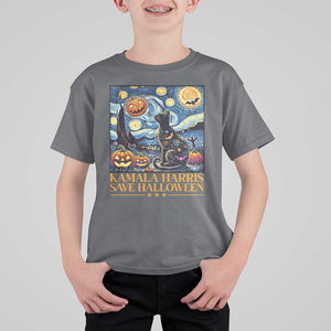 Harris Halloween T Shirt For Kid Kamala Harris Save Halloween Starry Night Van Gogh Black Cat Pumpkin Bat TS11 Charcoal Print Your Wear