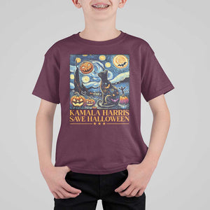 Harris Halloween T Shirt For Kid Kamala Harris Save Halloween Starry Night Van Gogh Black Cat Pumpkin Bat TS11 Maroon Print Your Wear