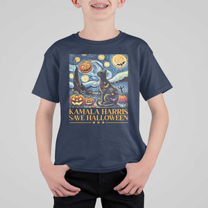 Harris Halloween T Shirt For Kid Kamala Harris Save Halloween Starry Night Van Gogh Black Cat Pumpkin Bat TS11 Navy Print Your Wear