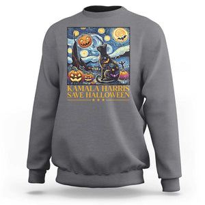 Harris Halloween Sweatshirt Kamala Harris Save Halloween Starry Night Van Gogh Black Cat Pumpkin Bat TS11 Charcoal Print Your Wear