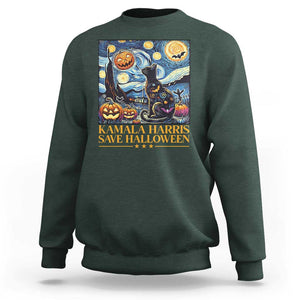 Harris Halloween Sweatshirt Kamala Harris Save Halloween Starry Night Van Gogh Black Cat Pumpkin Bat TS11 Dark Forest Green Print Your Wear