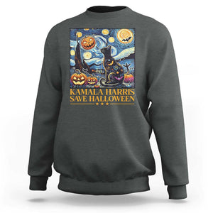 Harris Halloween Sweatshirt Kamala Harris Save Halloween Starry Night Van Gogh Black Cat Pumpkin Bat TS11 Dark Heather Print Your Wear