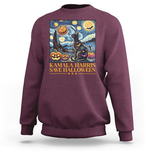 Harris Halloween Sweatshirt Kamala Harris Save Halloween Starry Night Van Gogh Black Cat Pumpkin Bat TS11 Maroon Print Your Wear