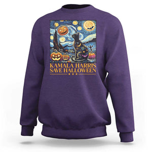 Harris Halloween Sweatshirt Kamala Harris Save Halloween Starry Night Van Gogh Black Cat Pumpkin Bat TS11 Purple Print Your Wear