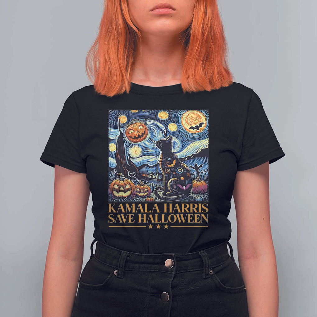 Harris Halloween T Shirt For Women Kamala Harris Save Halloween Starry Night Van Gogh Black Cat Pumpkin Bat TS11 Black Print Your Wear