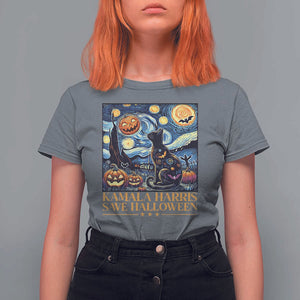 Harris Halloween T Shirt For Women Kamala Harris Save Halloween Starry Night Van Gogh Black Cat Pumpkin Bat TS11 Charcoal Print Your Wear