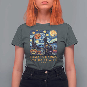 Harris Halloween T Shirt For Women Kamala Harris Save Halloween Starry Night Van Gogh Black Cat Pumpkin Bat TS11 Dark Heather Print Your Wear