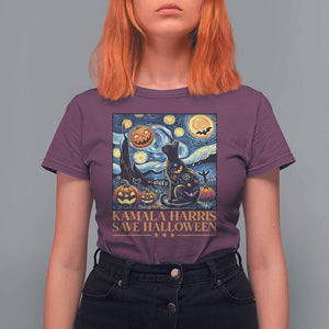 Harris Halloween T Shirt For Women Kamala Harris Save Halloween Starry Night Van Gogh Black Cat Pumpkin Bat TS11 Maroon Print Your Wear