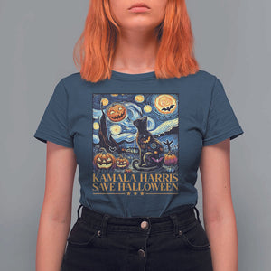 Harris Halloween T Shirt For Women Kamala Harris Save Halloween Starry Night Van Gogh Black Cat Pumpkin Bat TS11 Navy Print Your Wear