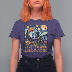 Harris Halloween T Shirt For Women Kamala Harris Save Halloween Starry Night Van Gogh Black Cat Pumpkin Bat TS11 Purple Print Your Wear