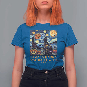 Harris Halloween T Shirt For Women Kamala Harris Save Halloween Starry Night Van Gogh Black Cat Pumpkin Bat TS11 Royal Blue Print Your Wear