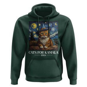 Harris Halloween Hoodie Cats For Kamala 2024 Starry Night Van Gogh Witch Cat TS11 Dark Forest Green Print Your Wear