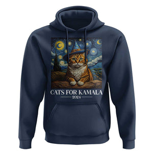 Harris Halloween Hoodie Cats For Kamala 2024 Starry Night Van Gogh Witch Cat TS11 Navy Print Your Wear