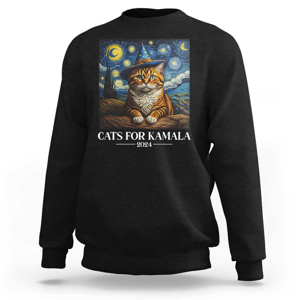 Harris Halloween Sweatshirt Cats For Kamala 2024 Starry Night Van Gogh Witch Cat TS11 Black Print Your Wear