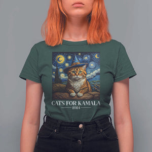 Harris Halloween T Shirt For Women Cats For Kamala 2024 Starry Night Van Gogh Witch Cat TS11 Dark Forest Green Print Your Wear