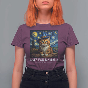 Harris Halloween T Shirt For Women Cats For Kamala 2024 Starry Night Van Gogh Witch Cat TS11 Maroon Print Your Wear