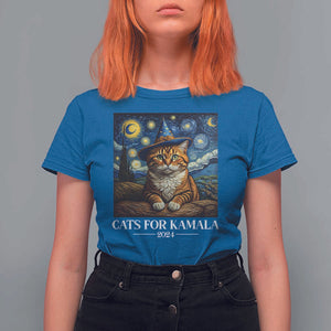 Harris Halloween T Shirt For Women Cats For Kamala 2024 Starry Night Van Gogh Witch Cat TS11 Royal Blue Print Your Wear