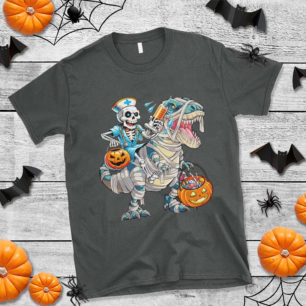Funny Halloween Nurse T Shirt Skeleton Nurse Riding Mummy Dinosaur Pumpkin Candy TS11 Dark Heather Print Your Wear
