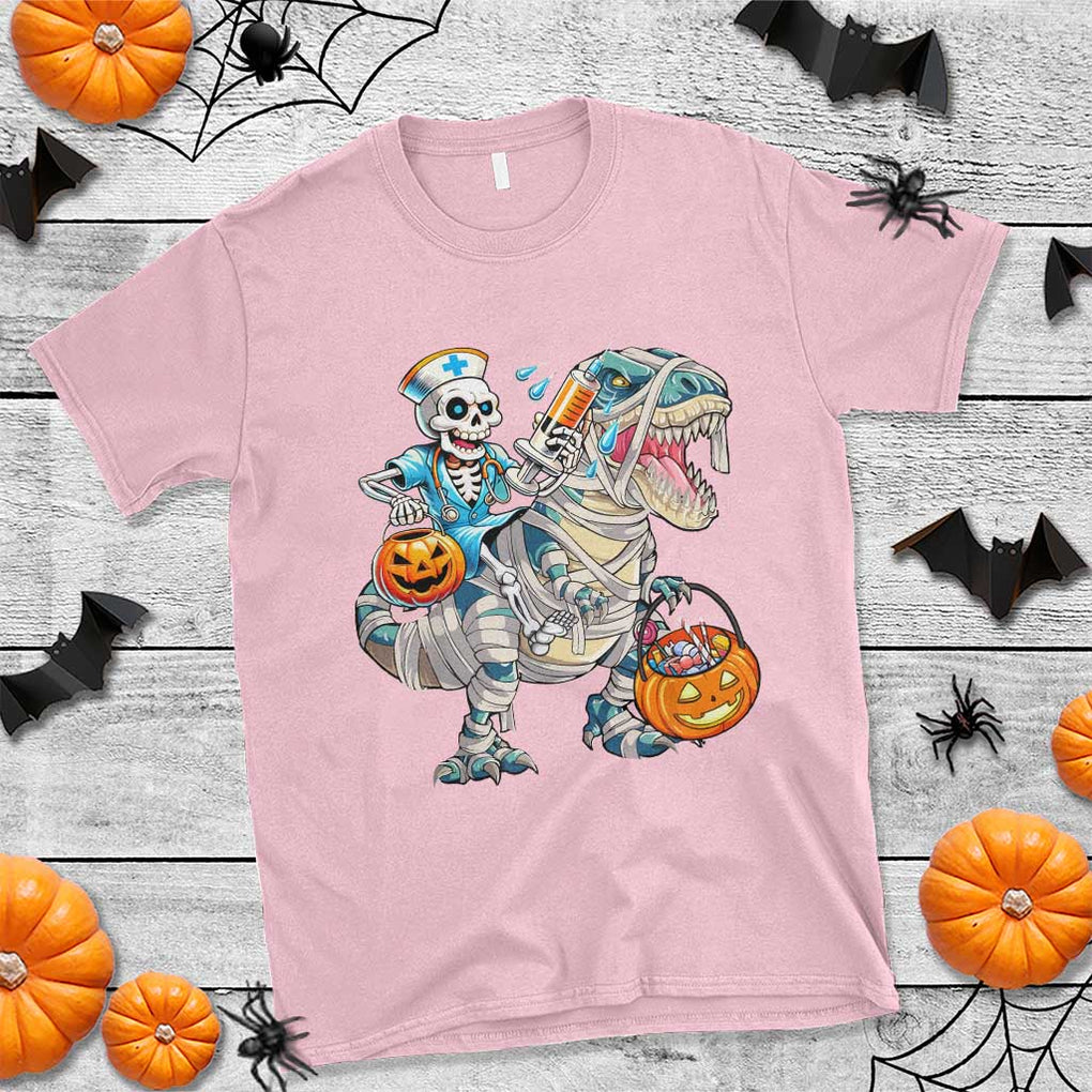 Funny Halloween Nurse T Shirt Skeleton Nurse Riding Mummy Dinosaur Pumpkin Candy TS11 Light Pink Print Your Wear