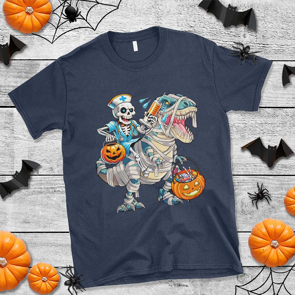 Funny Halloween Nurse T Shirt Skeleton Nurse Riding Mummy Dinosaur Pumpkin Candy TS11 Navy Print Your Wear