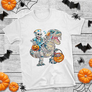 Funny Halloween Nurse T Shirt Skeleton Nurse Riding Mummy Dinosaur Pumpkin Candy TS11 White Print Your Wear