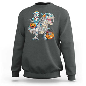 Funny Halloween Nurse Sweatshirt Skeleton Nurse Riding Mummy Dinosaur Pumpkin Candy TS11 Dark Heather Print Your Wear