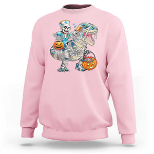 Funny Halloween Nurse Sweatshirt Skeleton Nurse Riding Mummy Dinosaur Pumpkin Candy TS11 Light Pink Print Your Wear