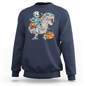 Funny Halloween Nurse Sweatshirt Skeleton Nurse Riding Mummy Dinosaur Pumpkin Candy TS11 Navy Print Your Wear