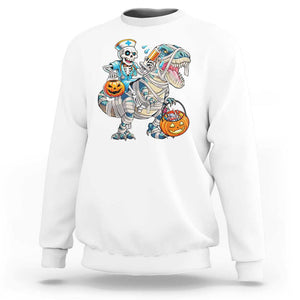 Funny Halloween Nurse Sweatshirt Skeleton Nurse Riding Mummy Dinosaur Pumpkin Candy TS11 White Print Your Wear