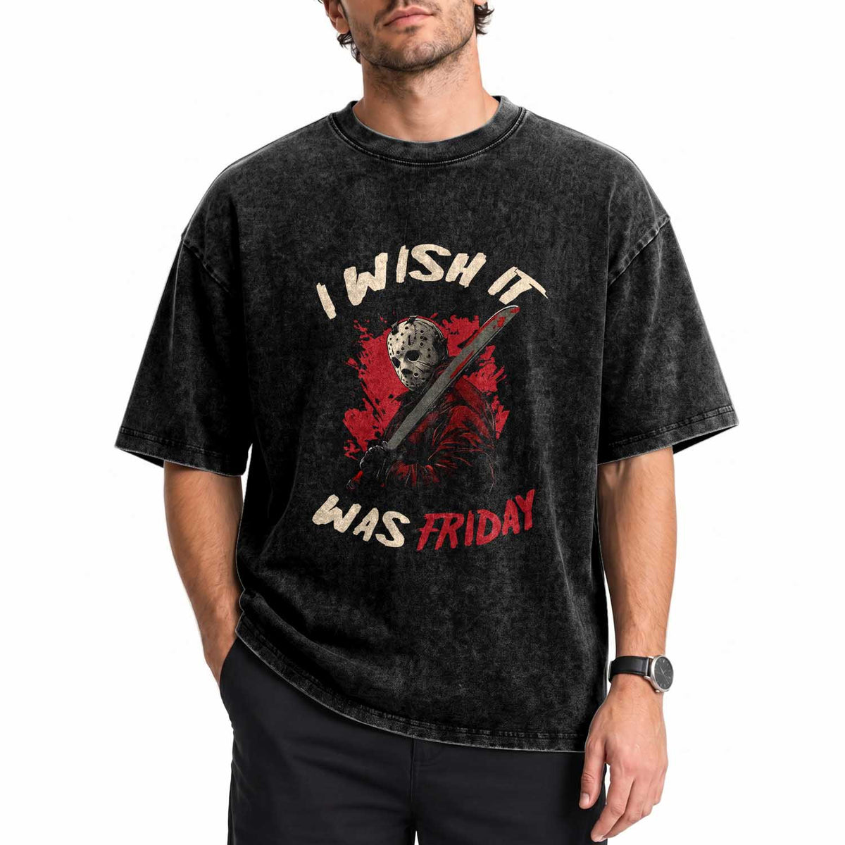 Funny Scary Halloween Slasher Washed Cotton T-Shirt I Wish It Was Friday