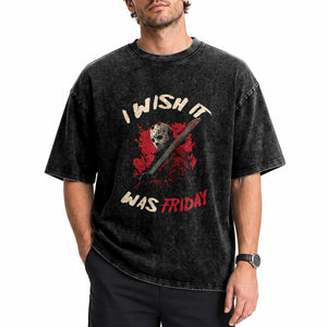 Funny Scary Halloween Slasher Washed Cotton T-Shirt I Wish It Was Friday