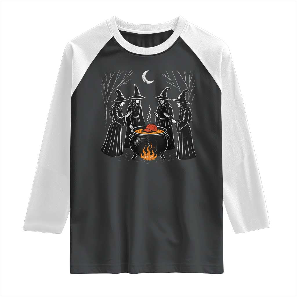 Funny Halloween Witch Spooky Season Orange Cauldron Raglan Shirt TS11 Black White Print Your Wear
