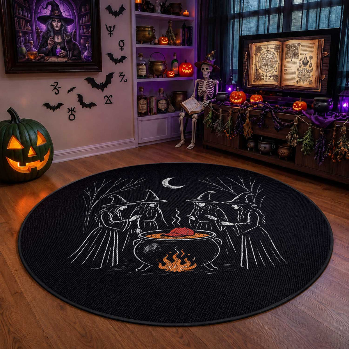 Funny Halloween Witch Spooky Season Orange Cauldron Round Rug