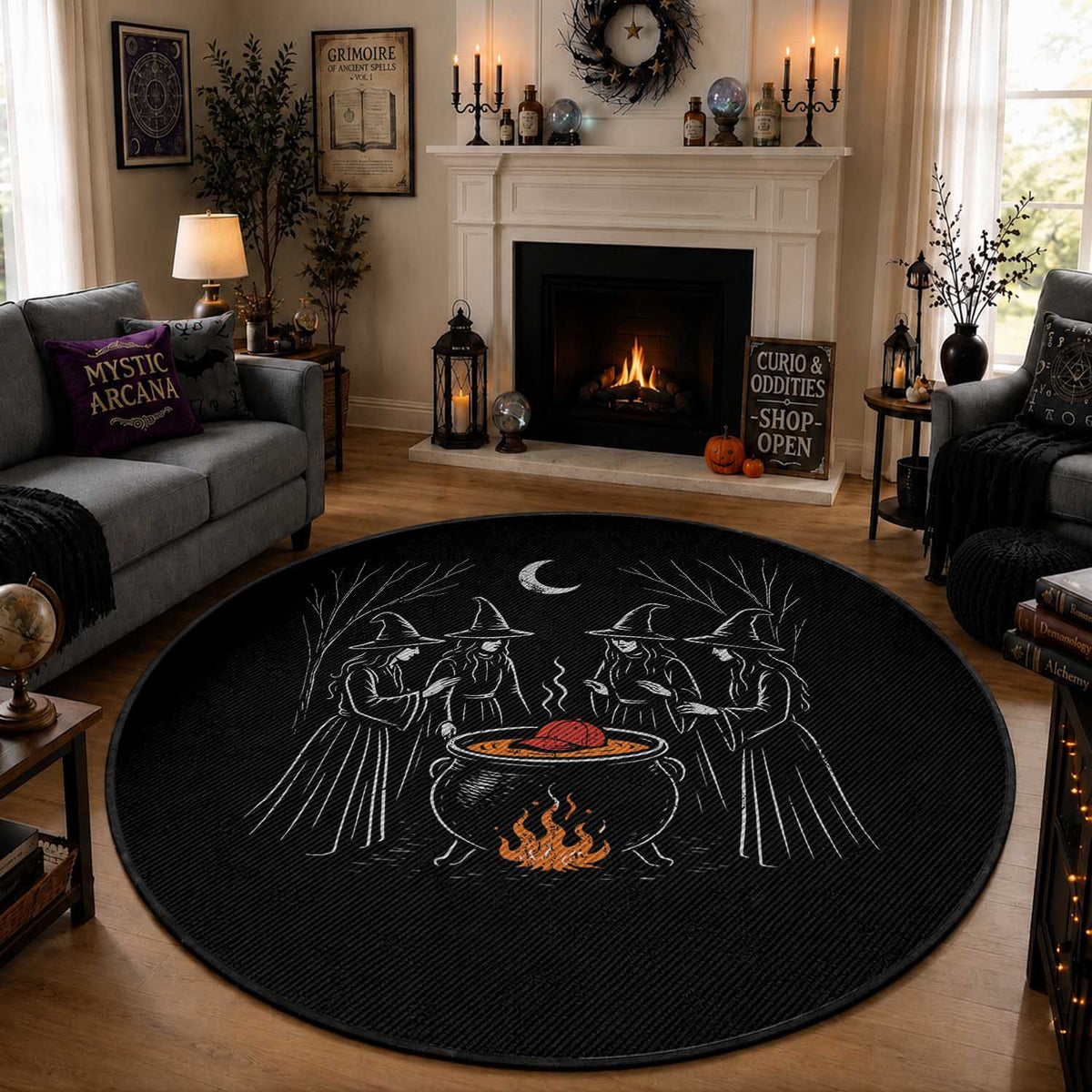 Funny Halloween Witch Spooky Season Orange Cauldron Round Rug