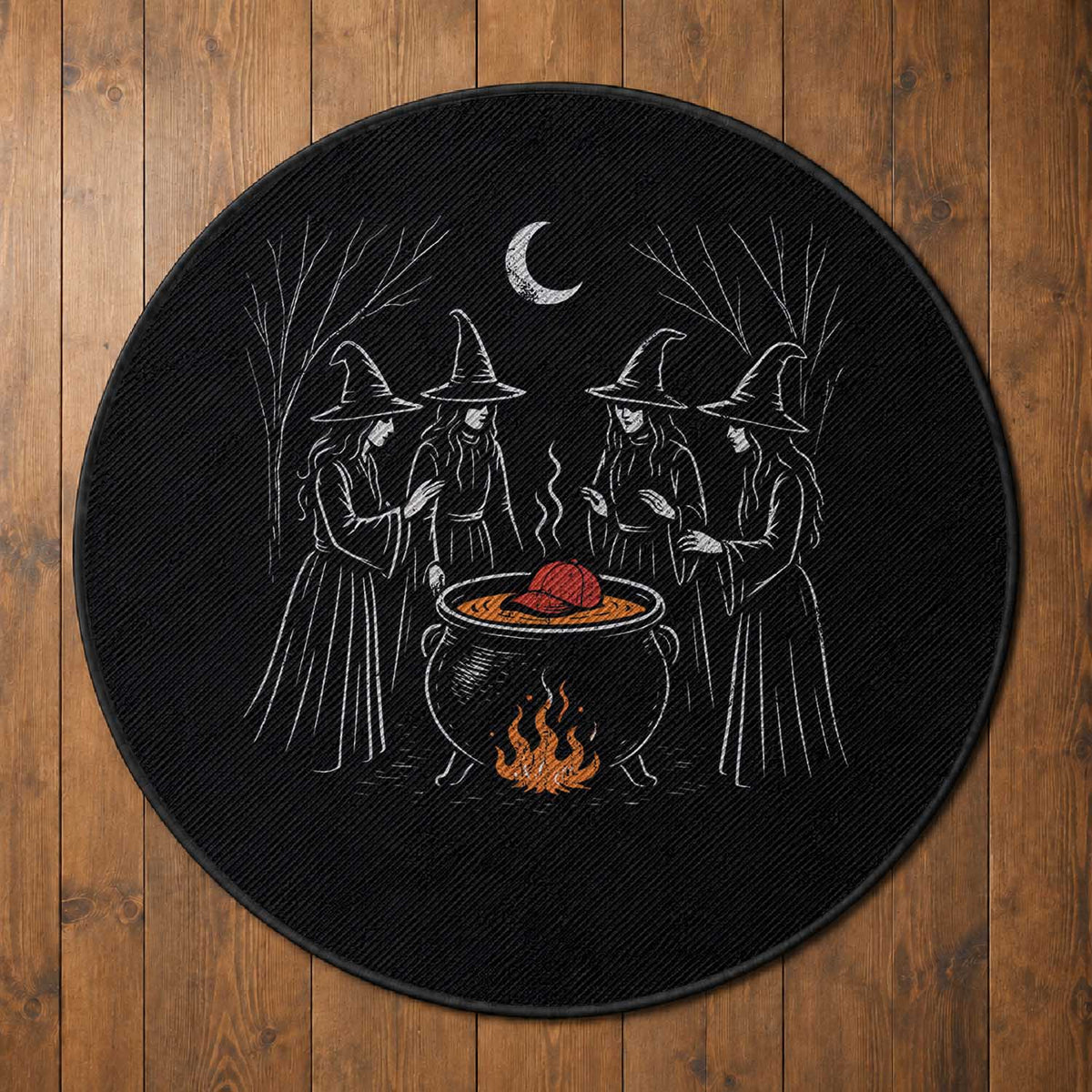 Funny Halloween Witch Spooky Season Orange Cauldron Round Rug