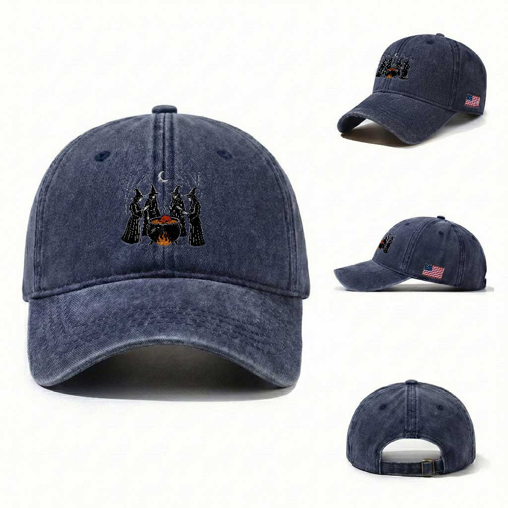 Funny Halloween Witch Spooky Season Orange Cauldron Washed Cotton Baseball Cap TS11 Washed Cap Universal Fit Navy Print Your Wear