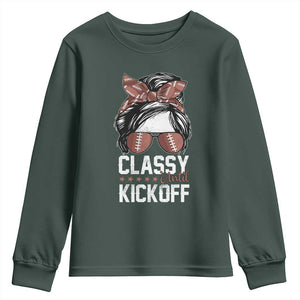Funny Classy Until Kickoff Youth Sweatshirt American Football Game Day Messy Bun TS11 Dark Forest Green Print Your Wear