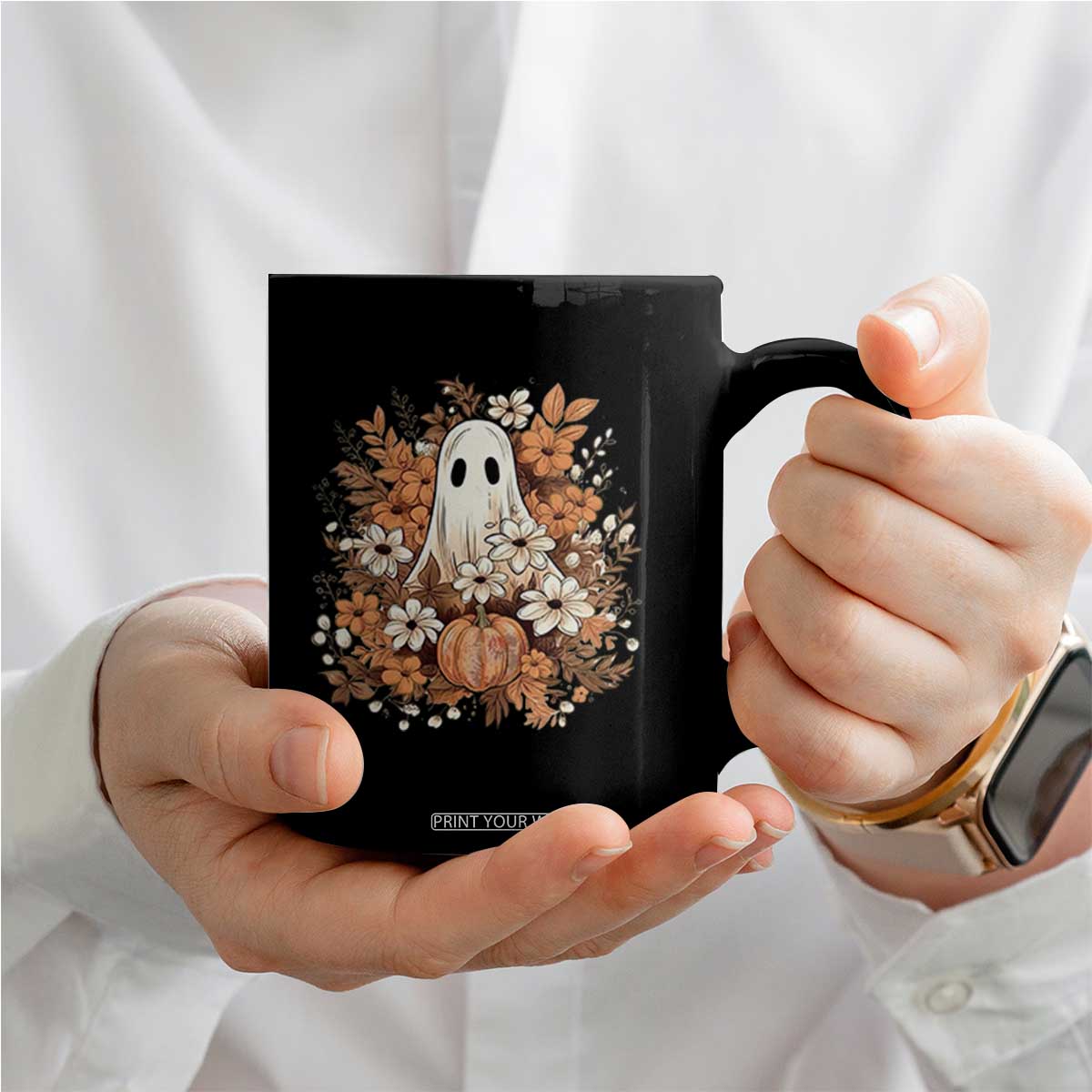 Halloween Ghost Coffee Mug Vintage Floral Pumpkin Glitter Print TS11 Print Your Wear