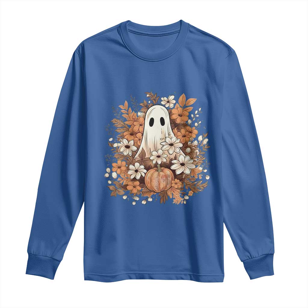 Halloween Ghost Long Sleeve Shirt Vintage Floral Pumpkin Glitter Print TS11 Royal Blue Print Your Wear