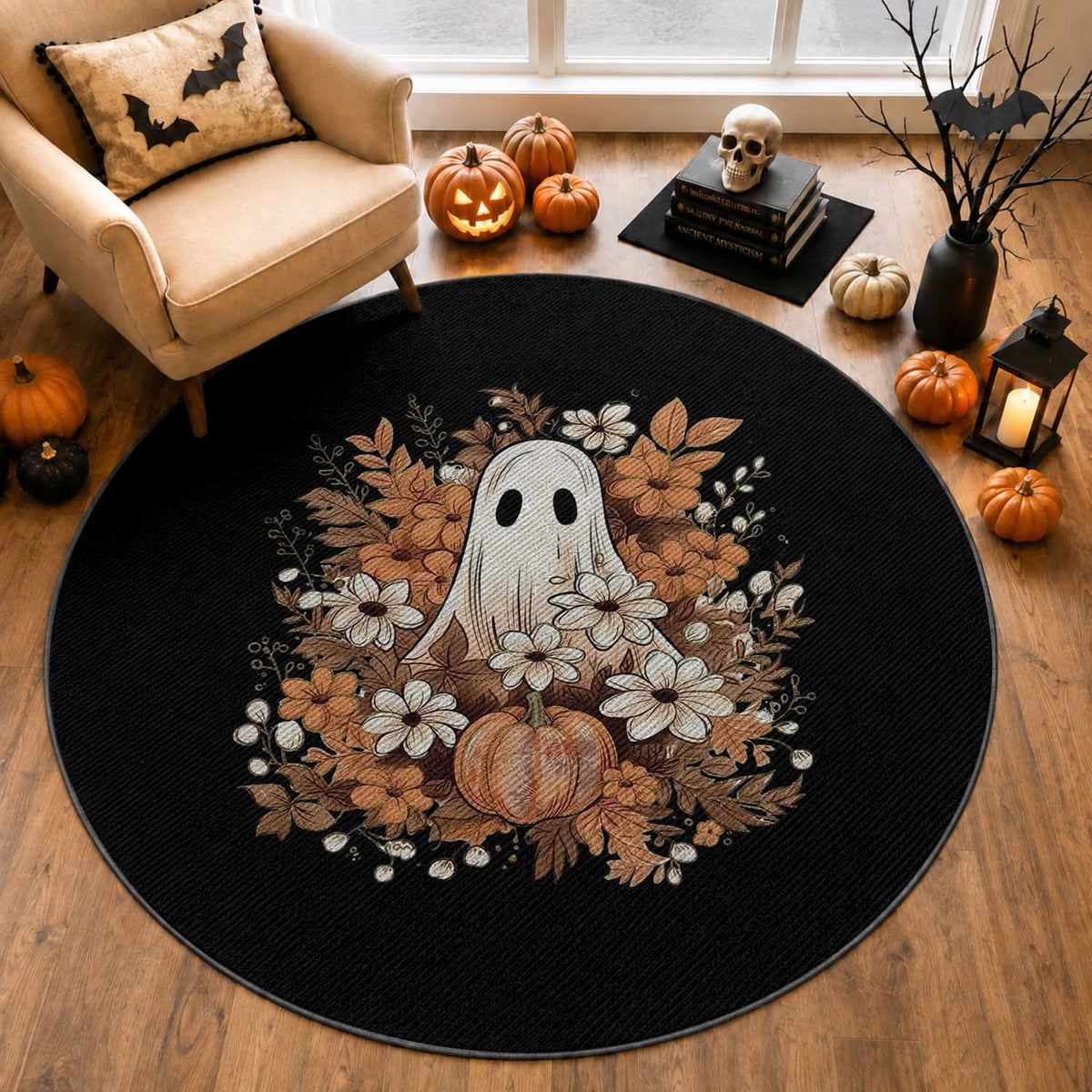 Halloween Ghost Round Rug Vintage Floral Pumpkin Glitter Print