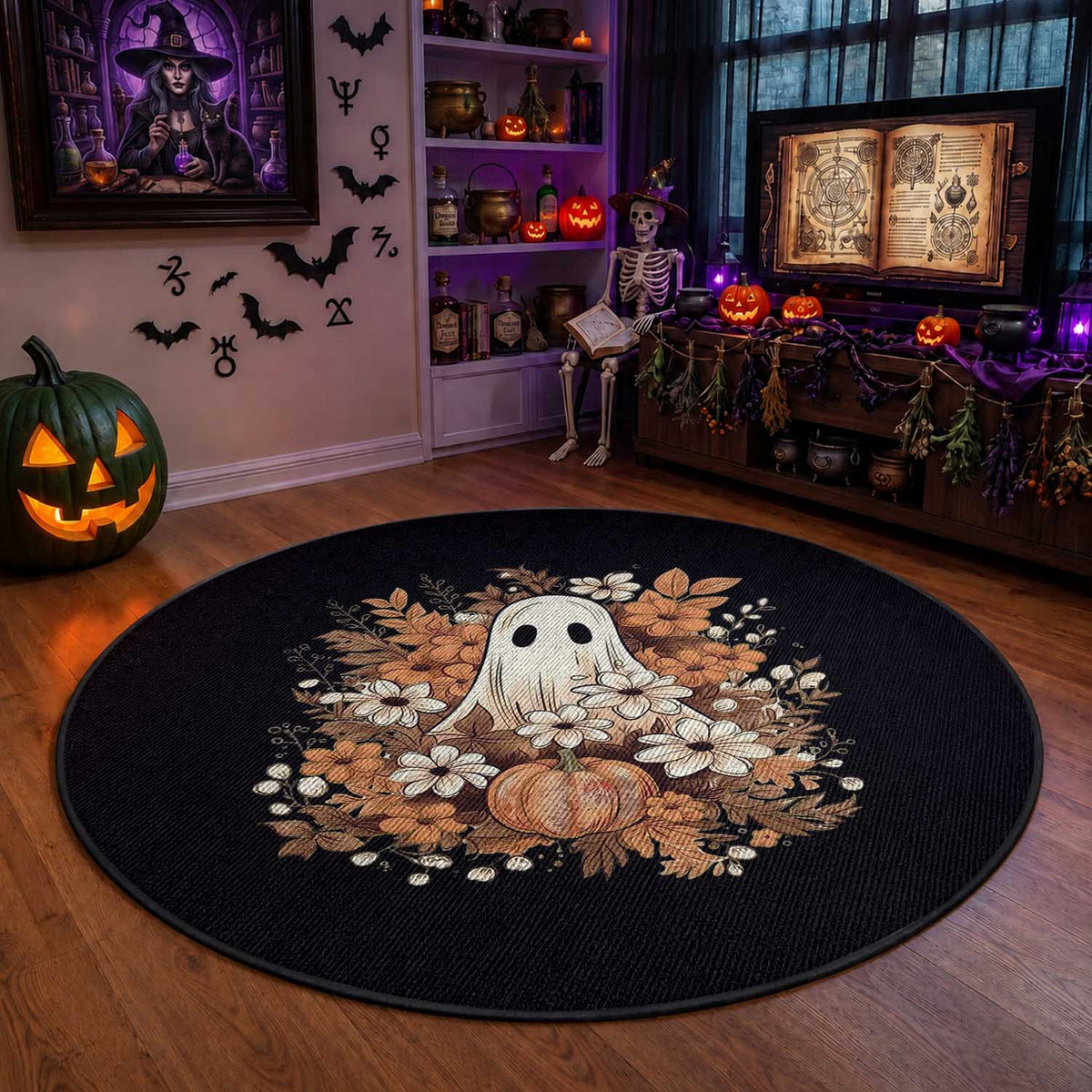 Halloween Ghost Round Rug Vintage Floral Pumpkin Glitter Print