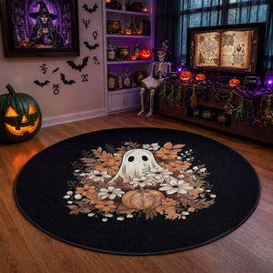Halloween Ghost Round Rug Vintage Floral Pumpkin Glitter Print