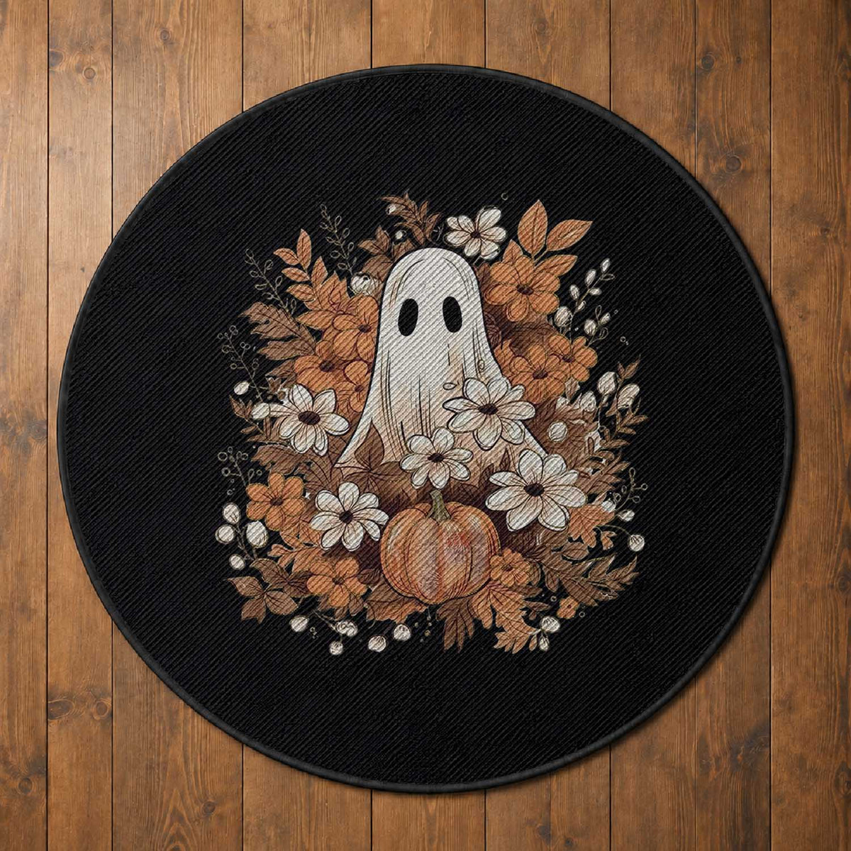 Halloween Ghost Round Rug Vintage Floral Pumpkin Glitter Print