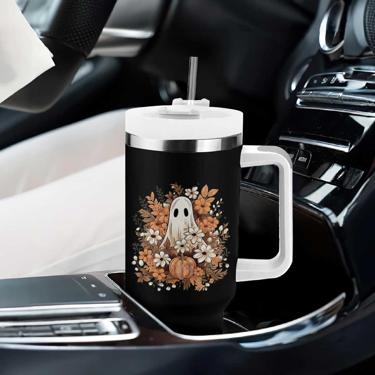 Halloween Ghost Tumbler With Handle Vintage Floral Pumpkin Glitter Print TS11 Print Your Wear