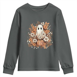 Halloween Ghost Youth Sweatshirt Vintage Floral Pumpkin Glitter Print TS11 Dark Heather Print Your Wear